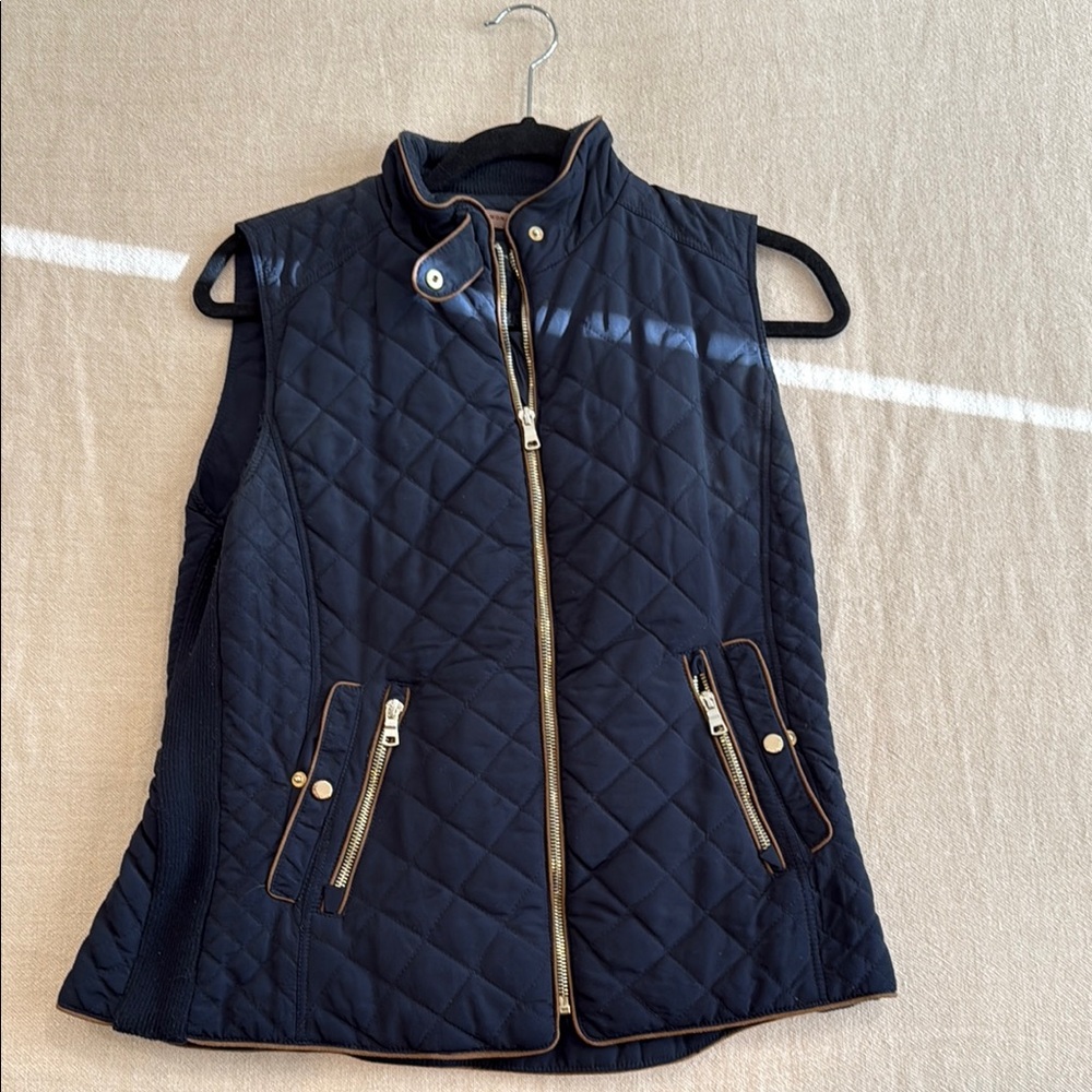 Zara Navy and Gold Quilted Vest with Stand-Up Collar